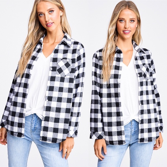 Black and White Button Down Plaid Fleece Flannel - Picture 3 of 4